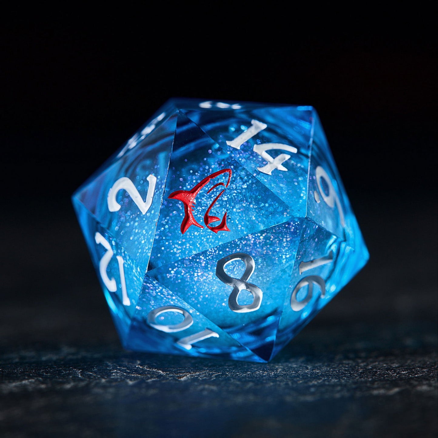 Aquamarine Liquid Core Resin Raging Sharks Amidst the Tempestuous Ocean DnD D&D Dice Set - CrystalMaggie