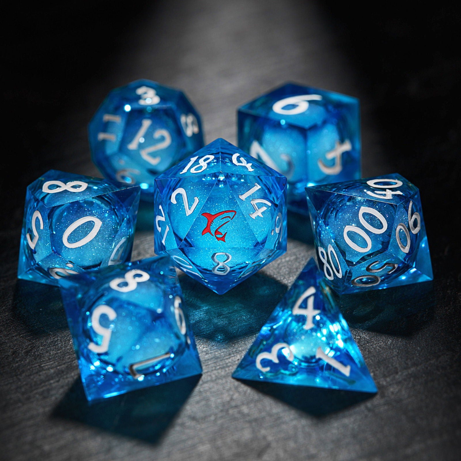 Aquamarine Liquid Core Resin Raging Sharks Amidst the Tempestuous Ocean DnD D&D Dice Set - CrystalMaggie