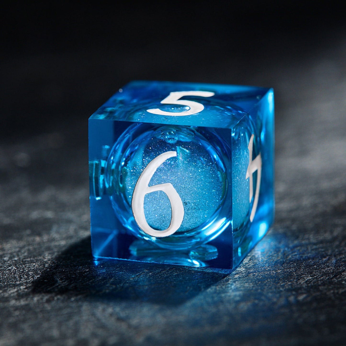 Aquamarine Liquid Core Resin Raging Sharks Amidst the Tempestuous Ocean DnD D&D Dice Set - CrystalMaggie