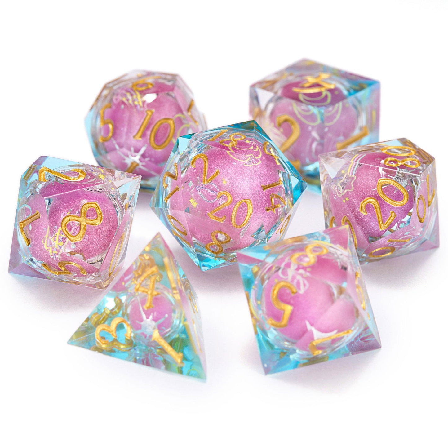 Astrology Pink Liquid Core Resin DnD D&D Dice Set - CrystalMaggie