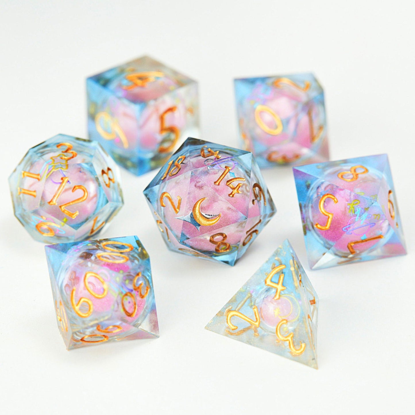 Astrology Pink Liquid Core Resin Moon DnD D&D Dice D20 Necklace - CrystalMaggie