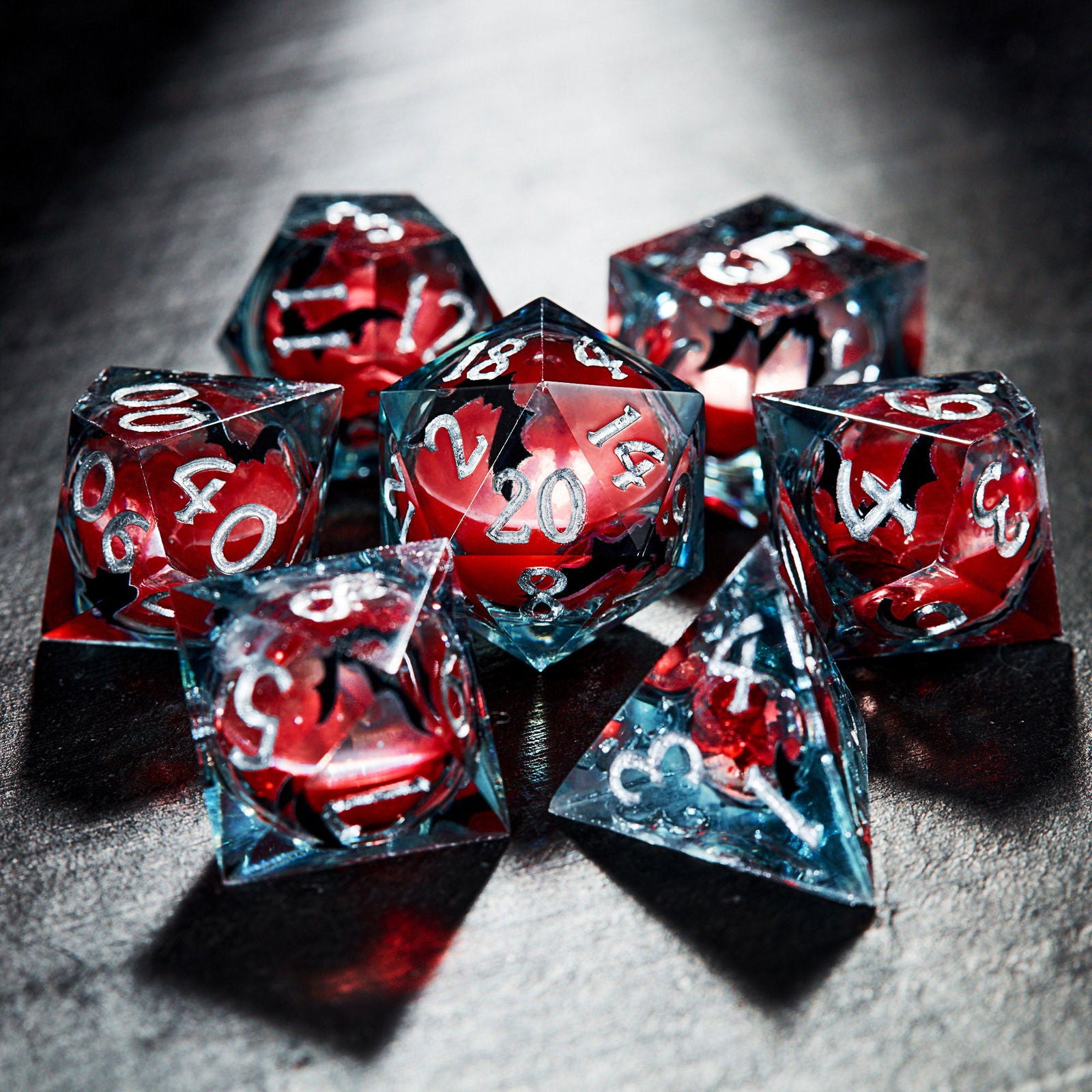 Bat Blood Red Liquid Core Resin DnD D&D Dice Set - CrystalMaggie