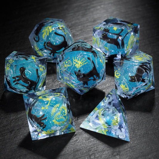 Black Cat Resin Liquid Core Resin DnD D&D Dice Set - CrystalMaggie