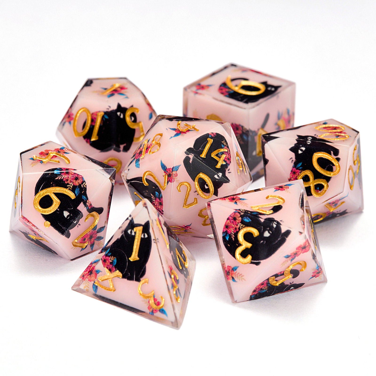 Black Cat and Flower Resin DnD D&D Dice Set - CrystalMaggie