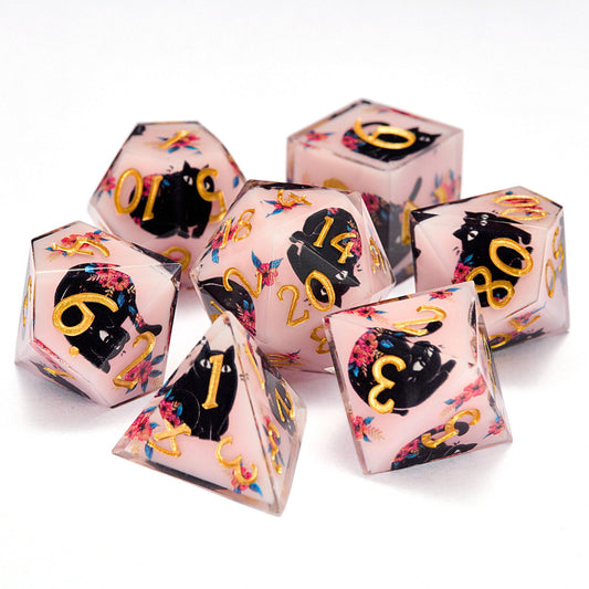 Black Cat and Flower Resin DnD D&D Dice Set - CrystalMaggie