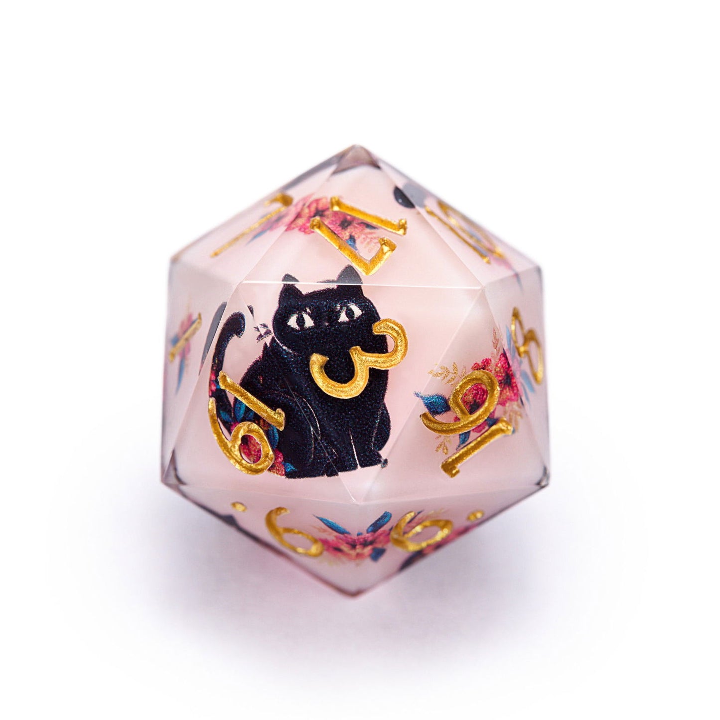 Black Cat and Flower Resin DnD D&D Dice Set - CrystalMaggie