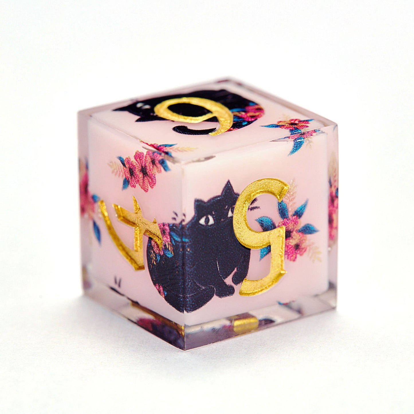 Black Cat and Flower Resin DnD D&D Dice Set - CrystalMaggie