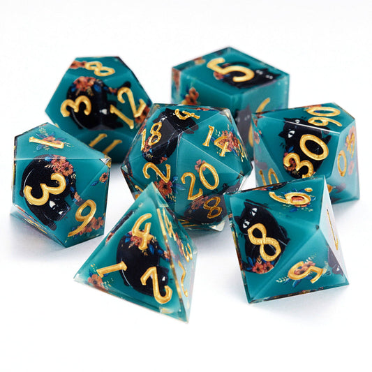 Black Cat and Flower Resin DnD D&D Dice Set - CrystalMaggie