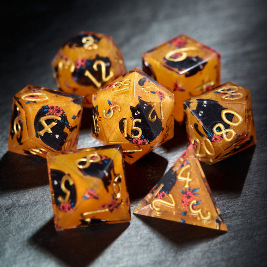 Black Cat and Flower Resin DnD D&D Dice Set - CrystalMaggie