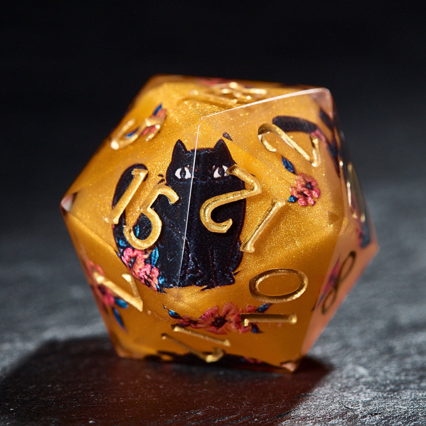 Black Cat and Flower Resin DnD D&D Dice Set - CrystalMaggie