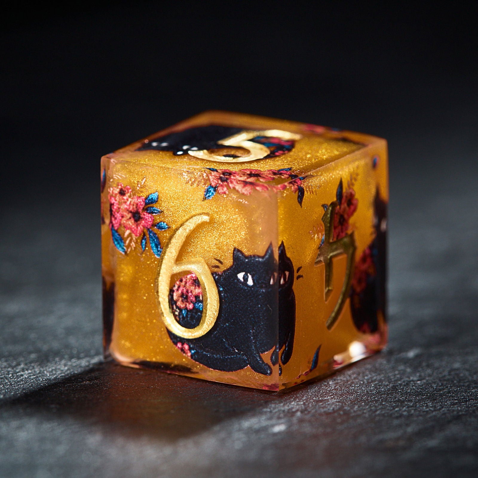 Black Cat and Flower Resin DnD D&D Dice Set - CrystalMaggie