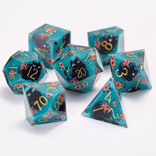 Black Cat and Flower Resin DnD D&D Dice Set - CrystalMaggie