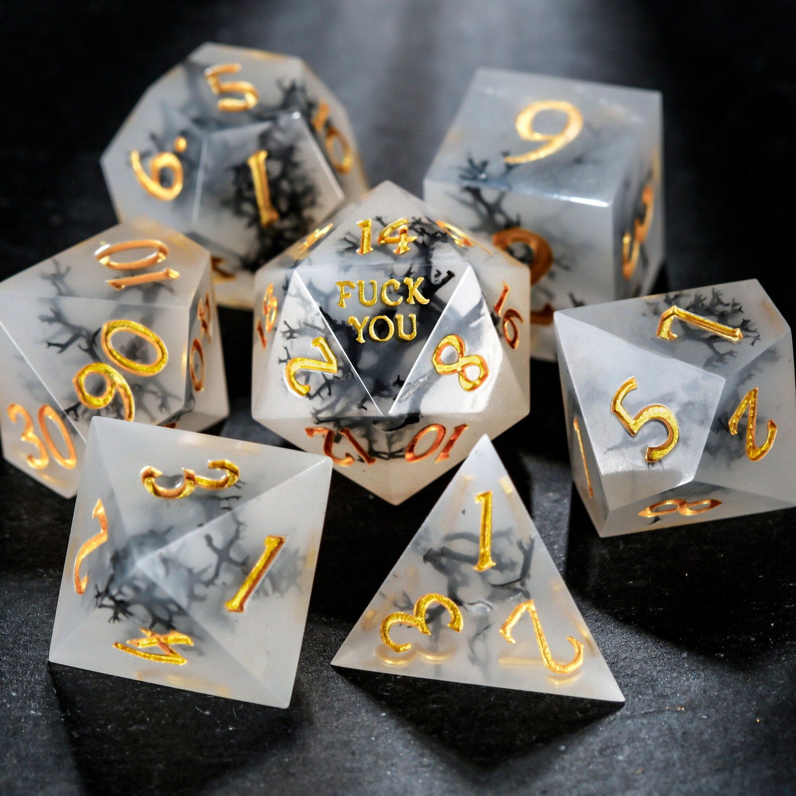 Black Coral Resin F Word DnD D&D Dice Set - CrystalMaggie