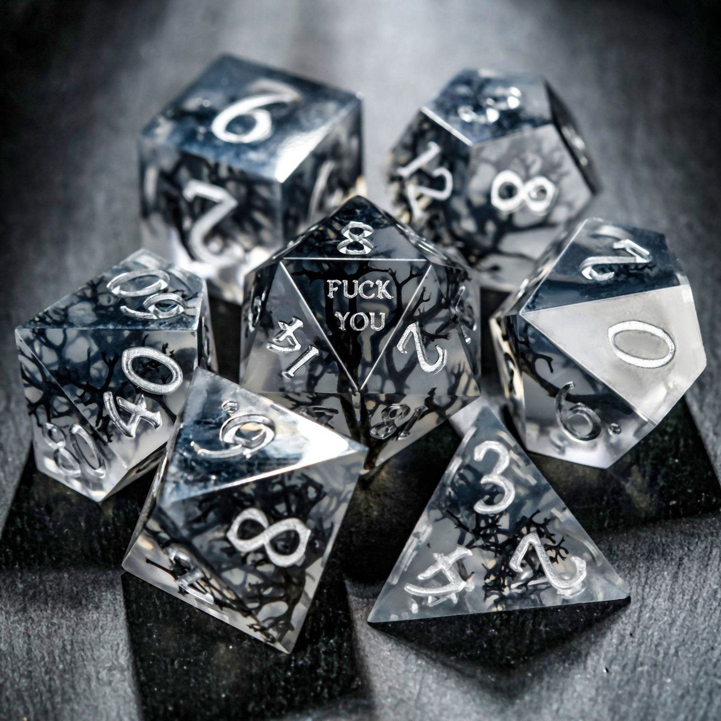 Black Coral Resin F Word DnD D&D Dice Set - CrystalMaggie