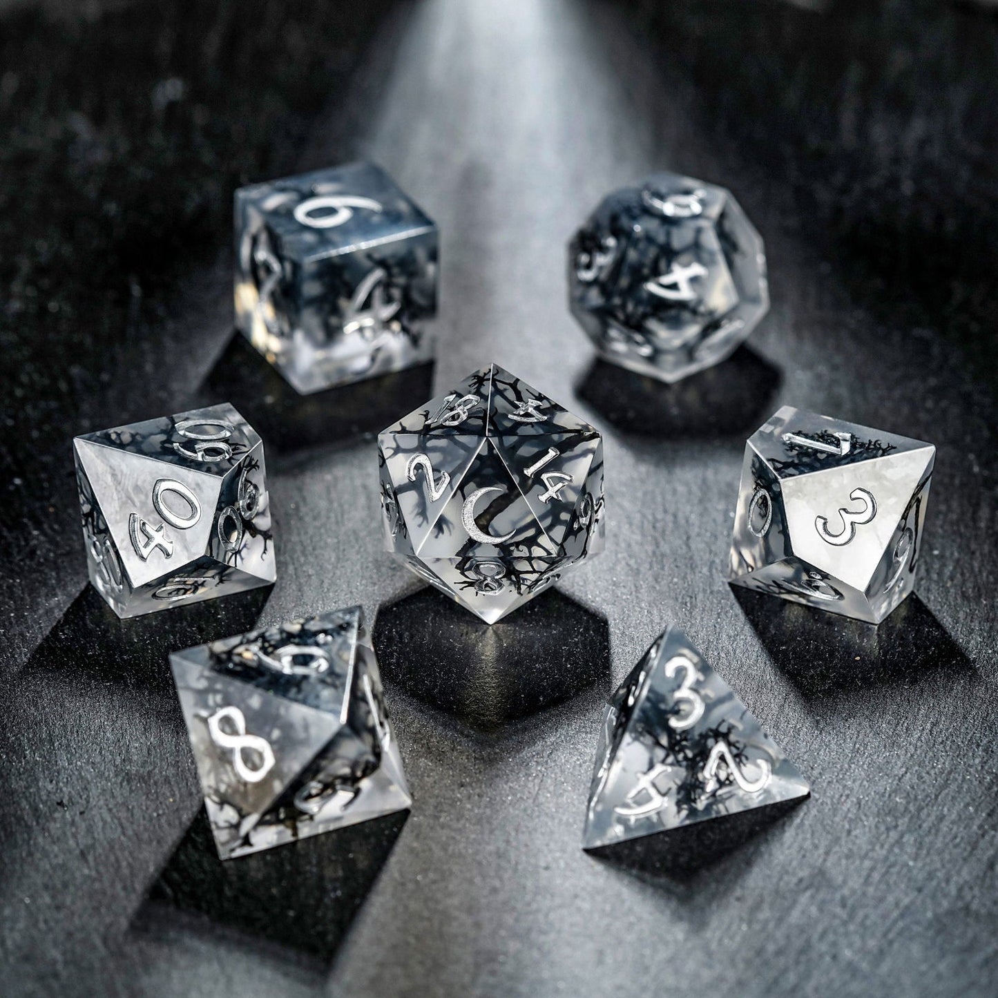 Black Coral Resin Moon DnD D&D Dice Set - CrystalMaggie