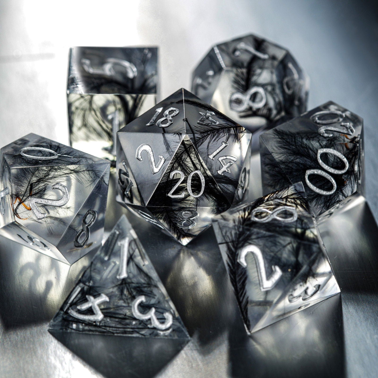 Black Feather Resin DnD D&D Dice Set - CrystalMaggie