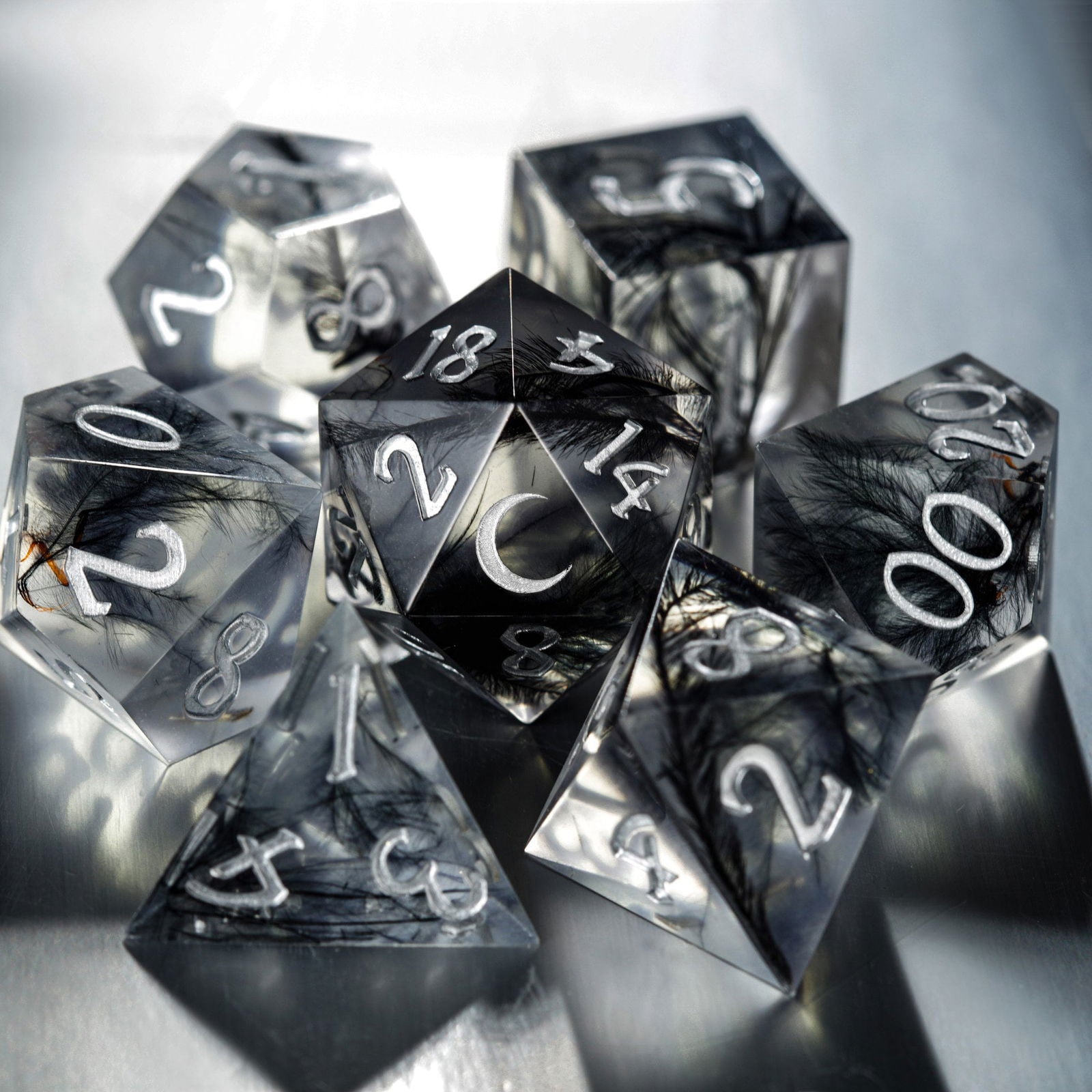 Black Feather Resin Moon DnD D&D Dice Set - CrystalMaggie