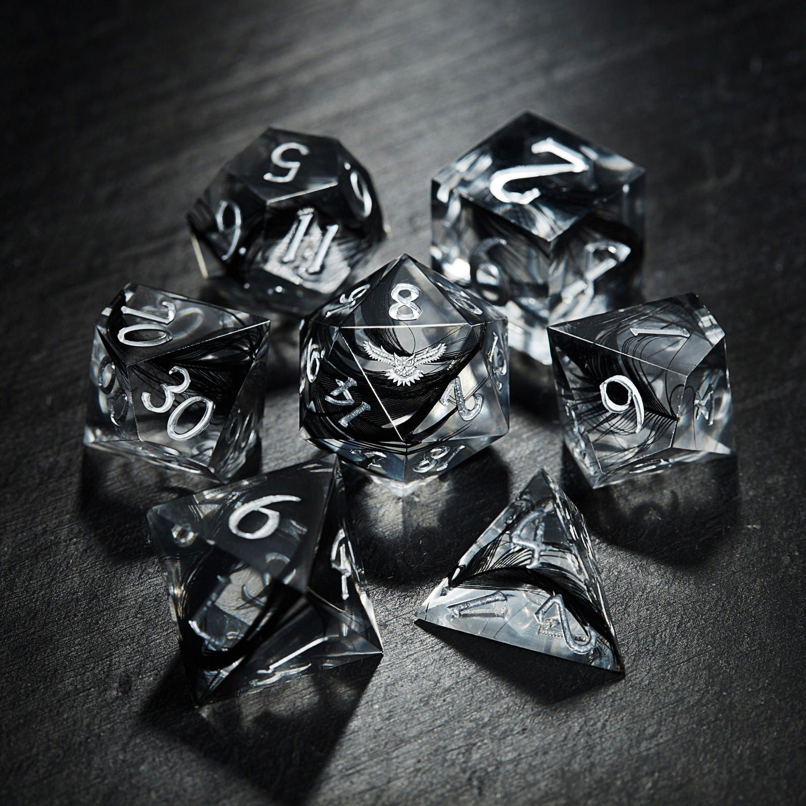 Black Feather Resin Owl DnD D&D Dice D20 Necklace - CrystalMaggie