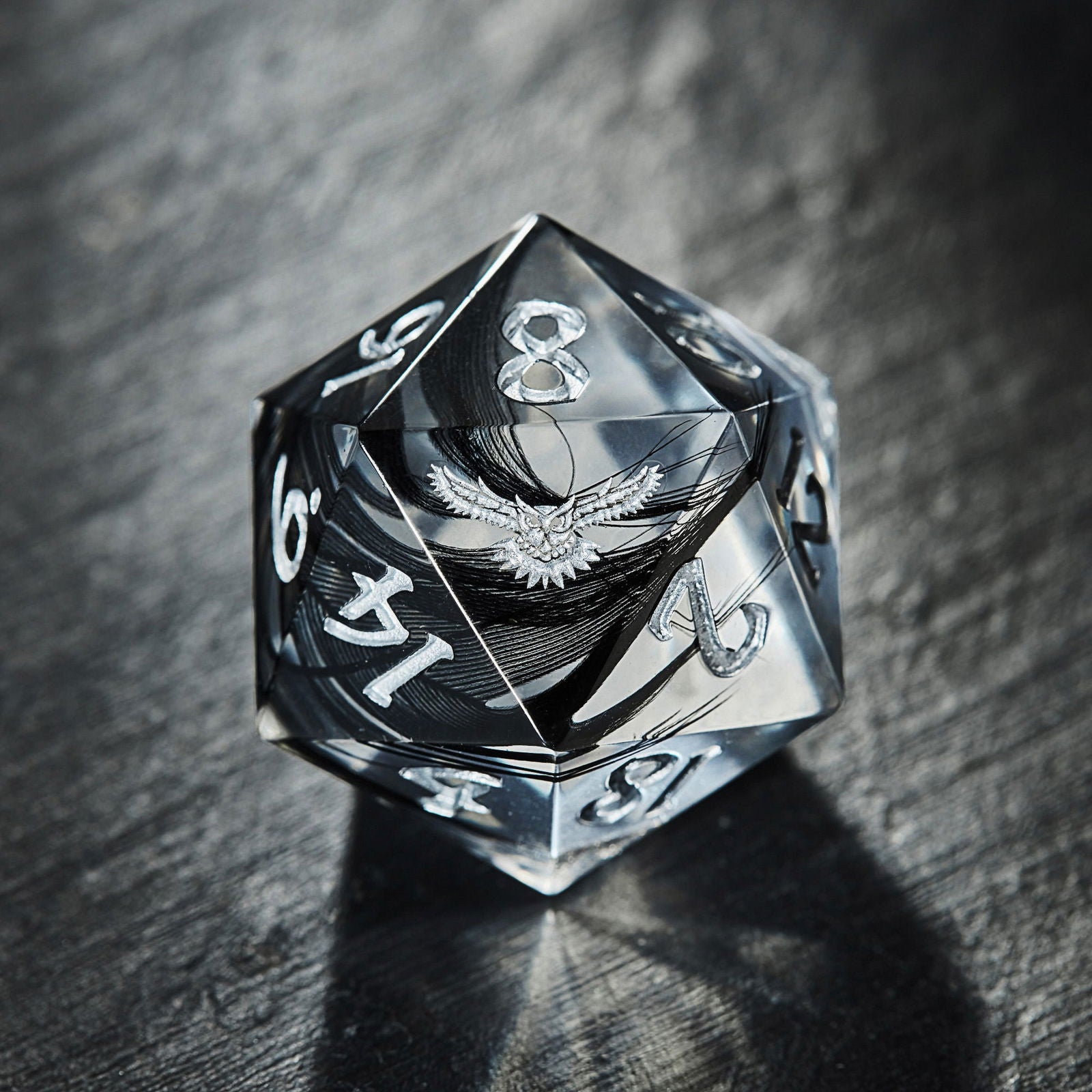 Black Feather Resin Owl DnD D&D Dice Set - CrystalMaggie