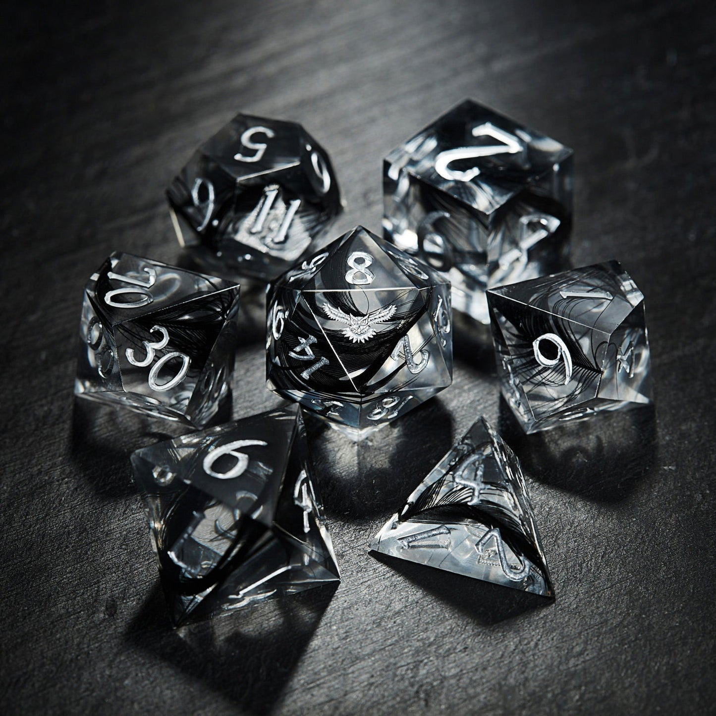 Black Feather Resin Owl DnD D&D Dice Set - CrystalMaggie