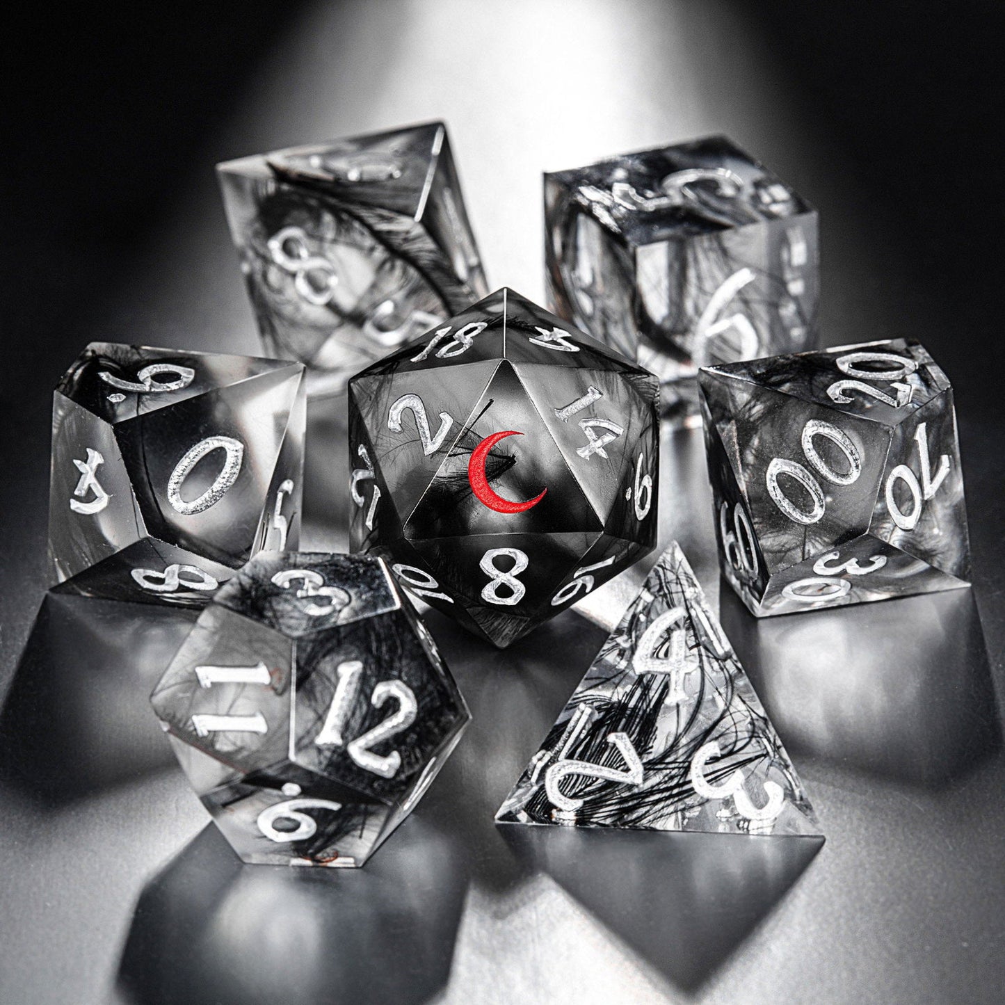 Black Feather Resin Red Moon DnD D&D Dice Set - CrystalMaggie