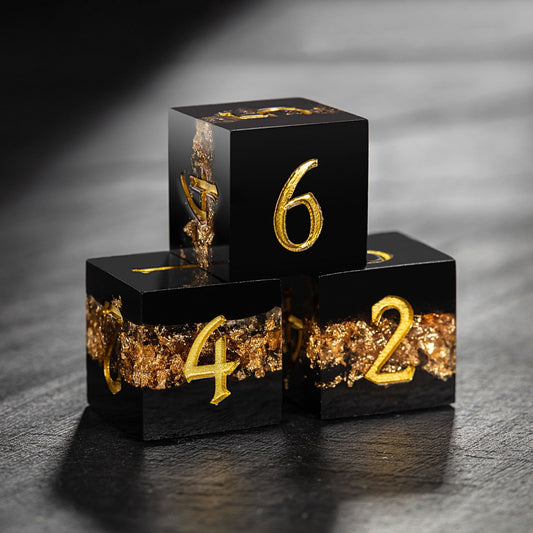 Black Goldleaf Resin DnD D&D Dice D6 - CrystalMaggie