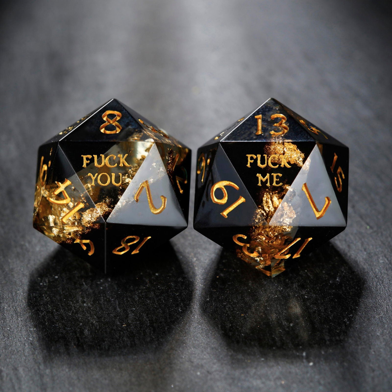 Black Goldleaf Resin F Word DnD D&D Dice Set - CrystalMaggie