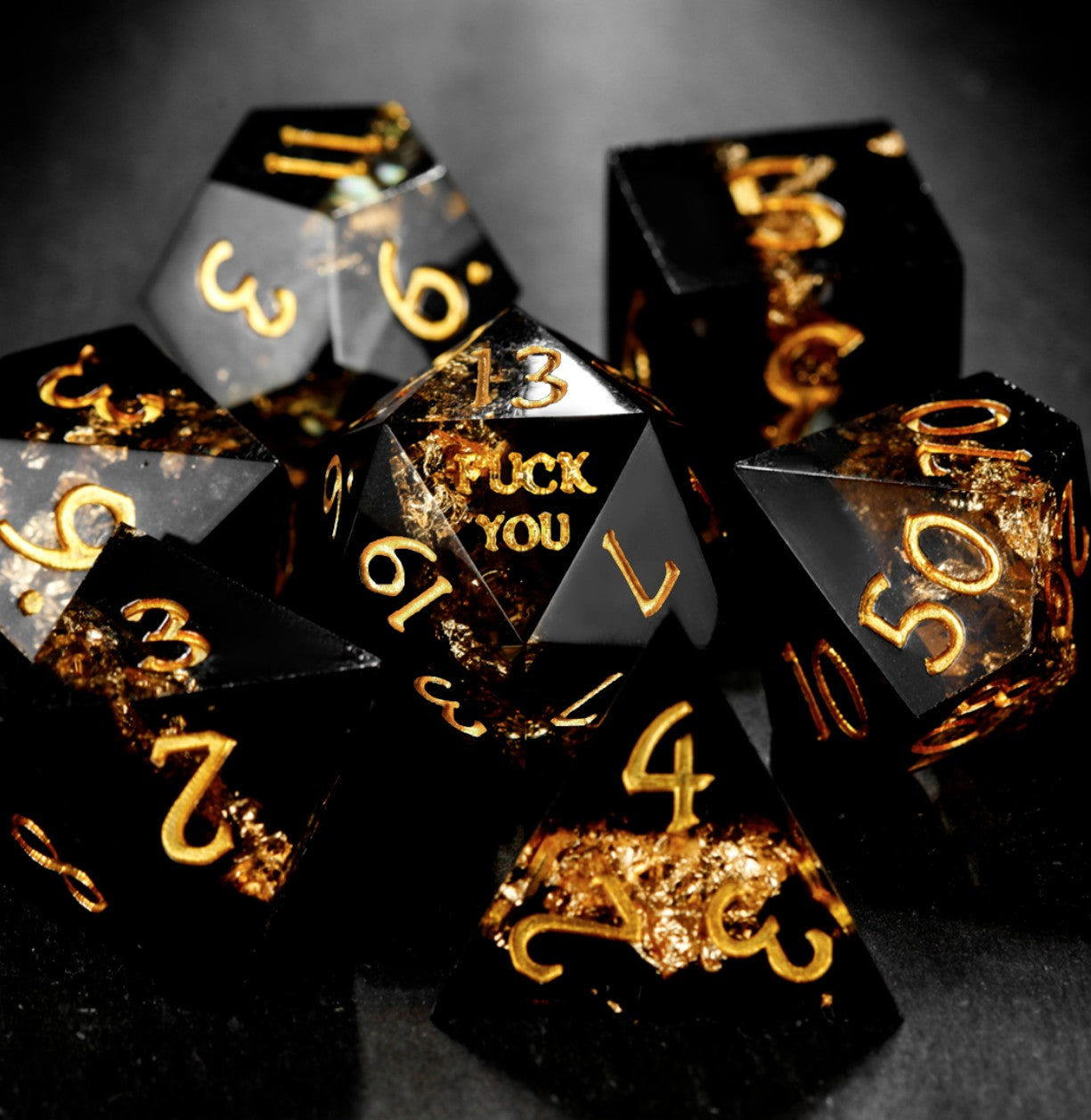 Black Goldleaf Resin F Word DnD D&D Dice Set - CrystalMaggie