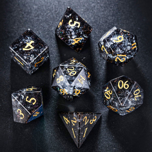 Black Lightning Glass DnD D&D Dice Set - CrystalMaggie