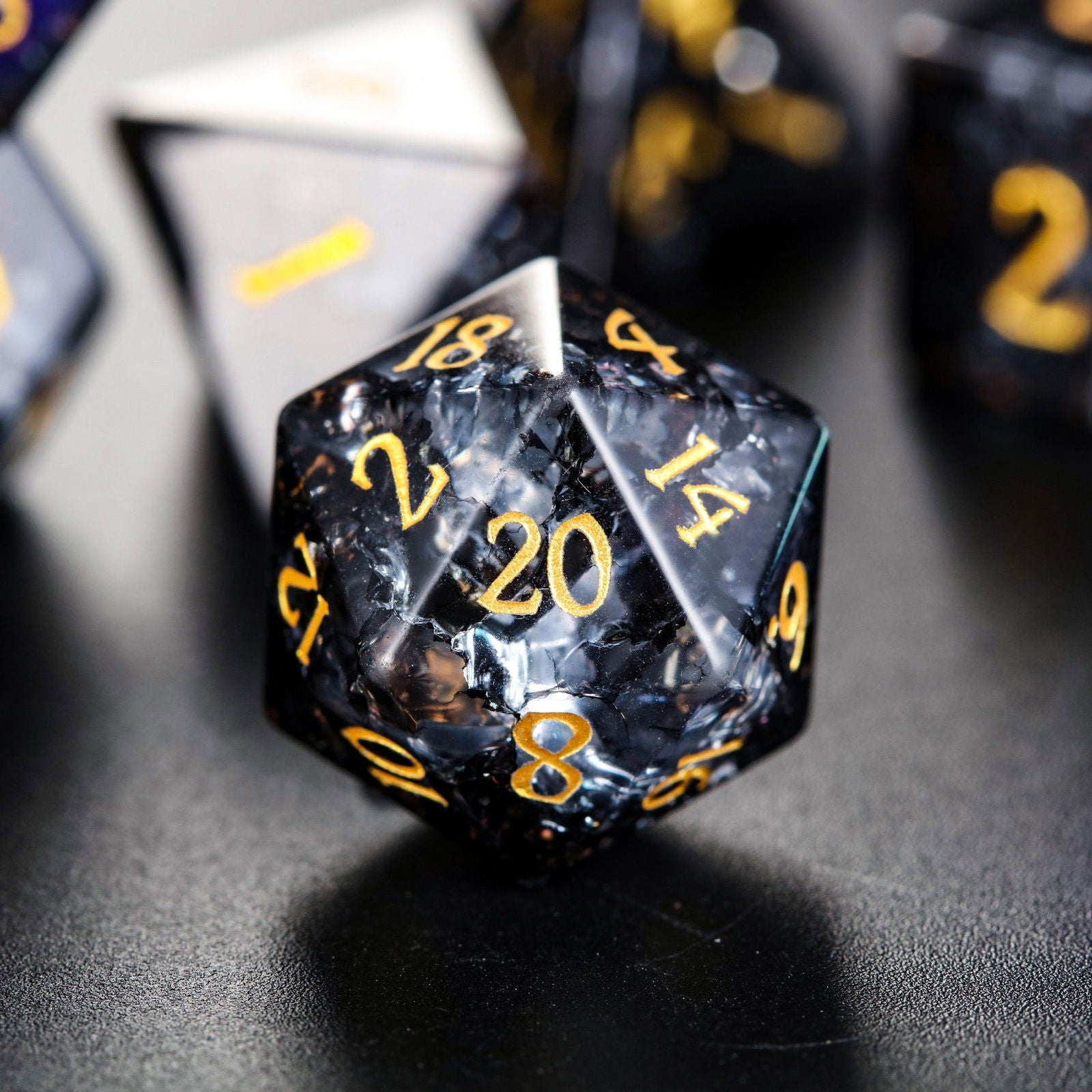 Black Lightning Glass DnD D&D Dice Set - CrystalMaggie