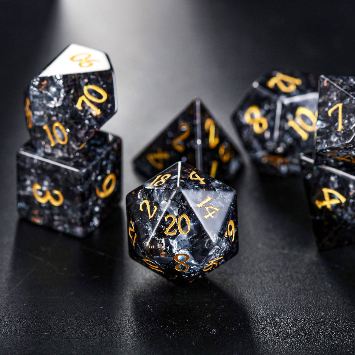 Black Lightning Glass DnD D&D Dice Set - CrystalMaggie