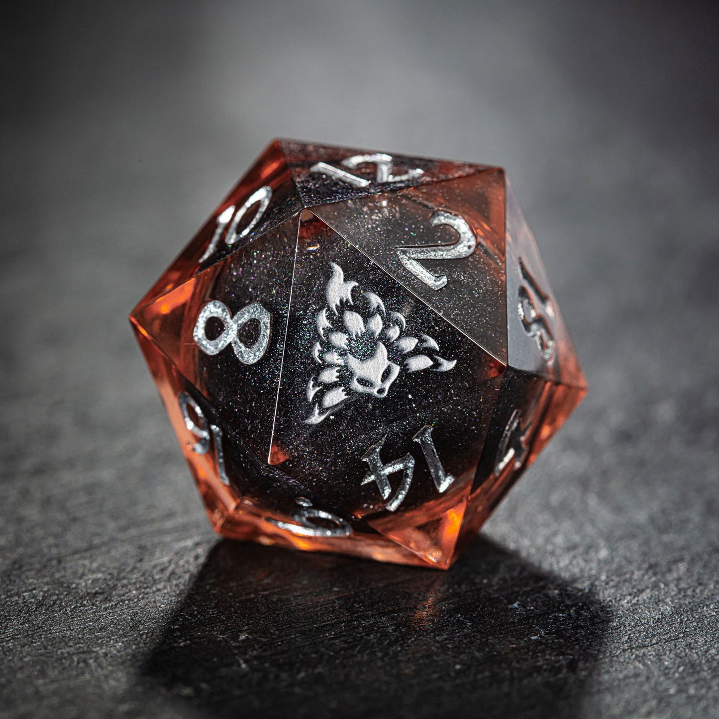 Black Liquid Core Resin Transparent Orange Nine Tail Fox DnD D&D Dice Set - CrystalMaggie