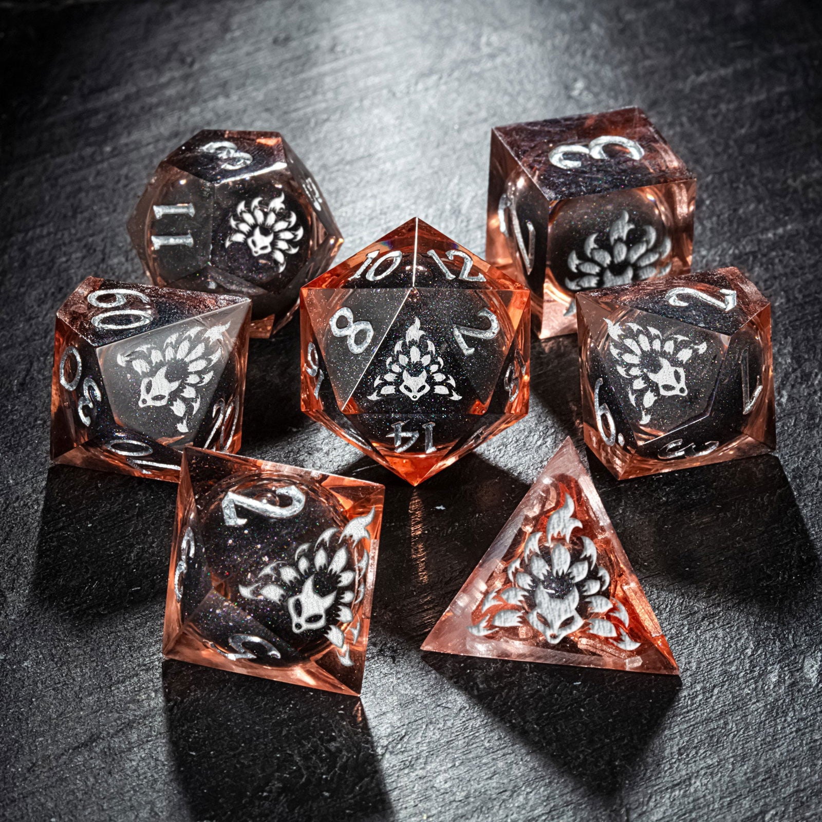 Black Liquid Core Resin Transparent Orange Nine Tail Fox DnD D&D Dice Set - CrystalMaggie