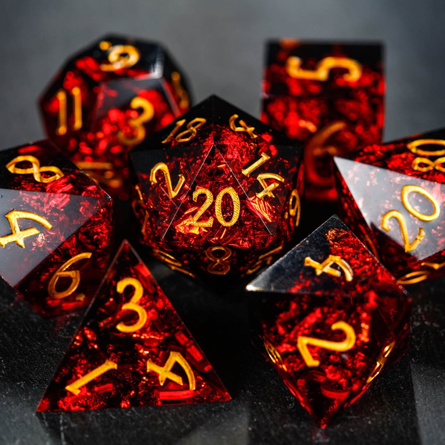 Black Red Resin DnD D&D Dice Set - CrystalMaggie