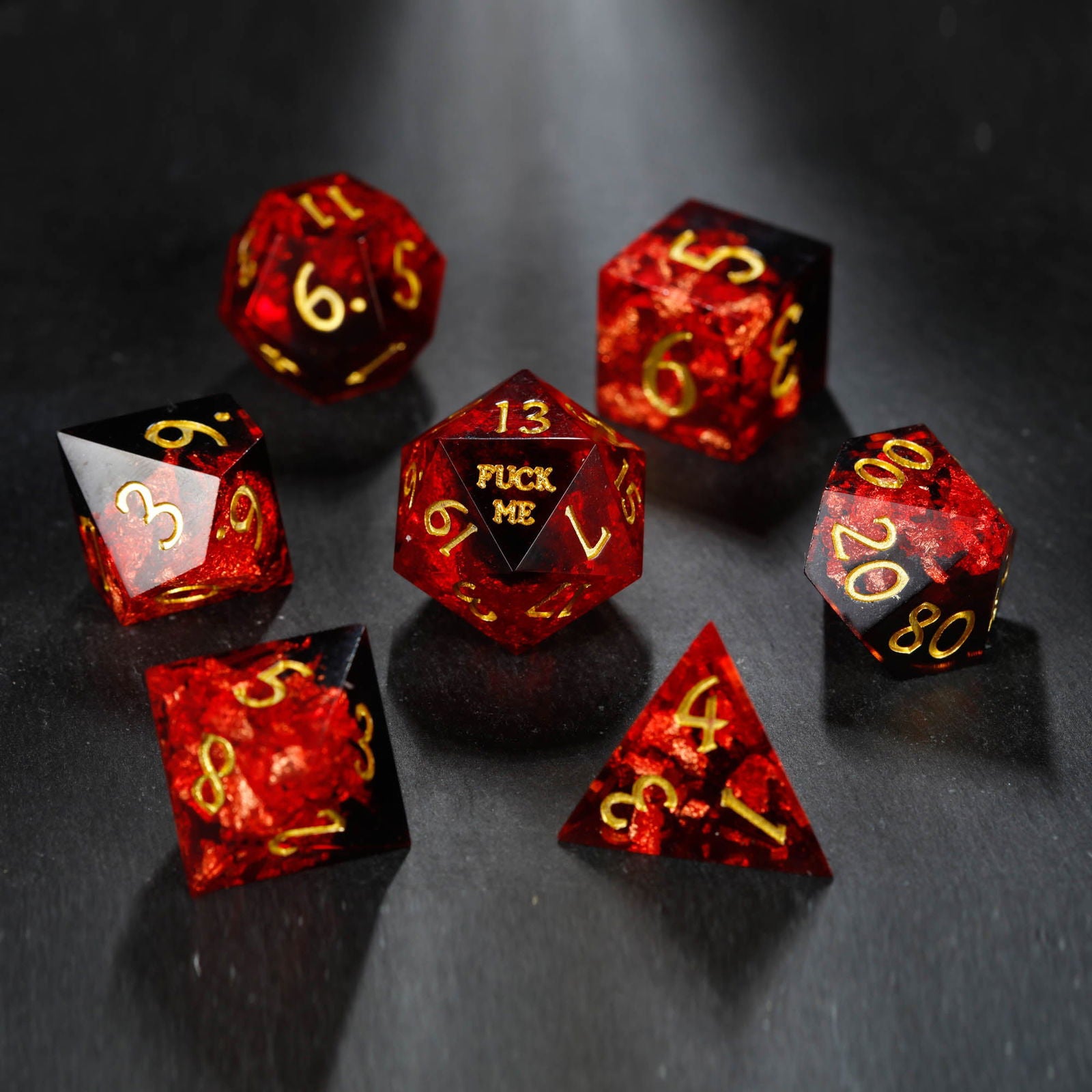 Black Red Resin F Word DnD D&D Dice Set - CrystalMaggie