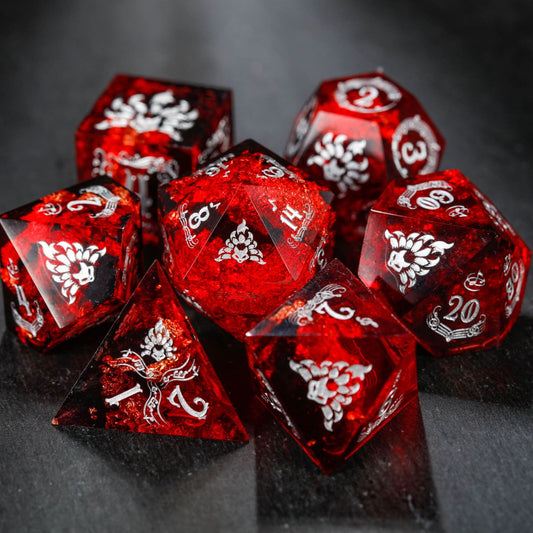 Black Red Resin Nine Tail Fox DnD D&D Dice Set - CrystalMaggie