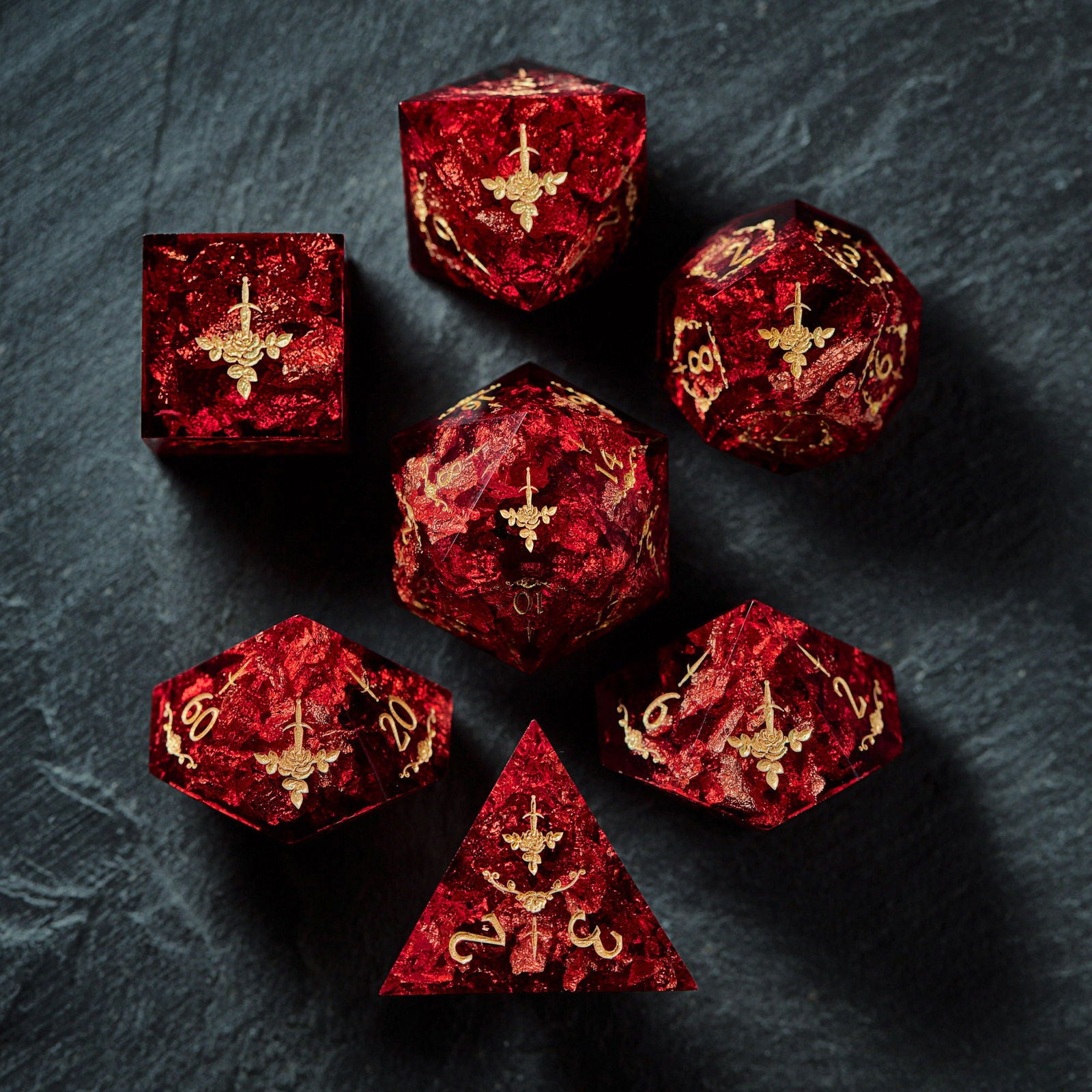 Black Red Resin Rogue Rose Motif DnD D&D Dice Set - CrystalMaggie