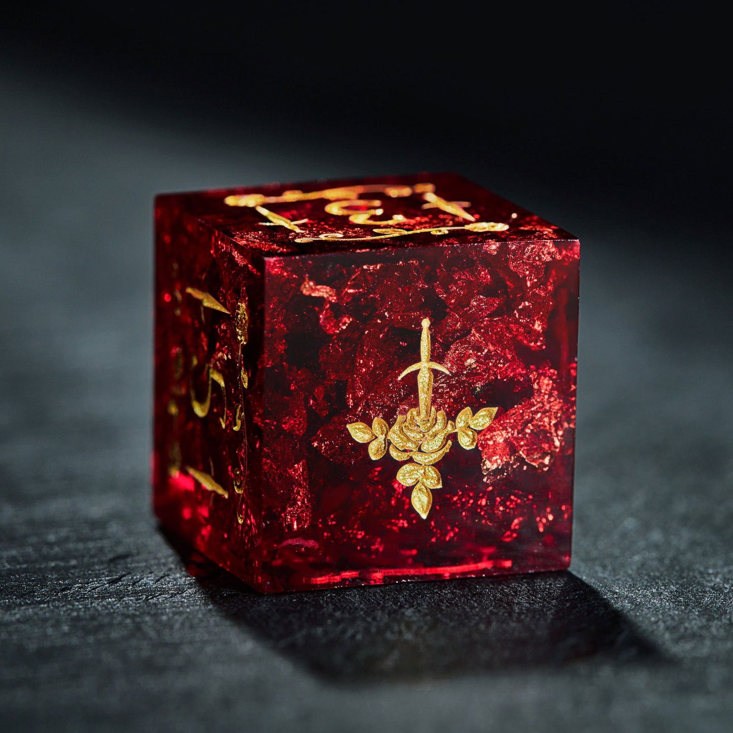 Black Red Resin Rogue Rose Motif DnD D&D Dice Set - CrystalMaggie