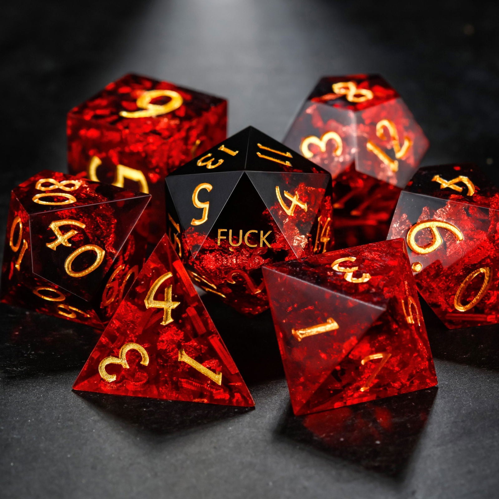 Black Red Resin YEET F*CK DnD D&D Dice Set - CrystalMaggie