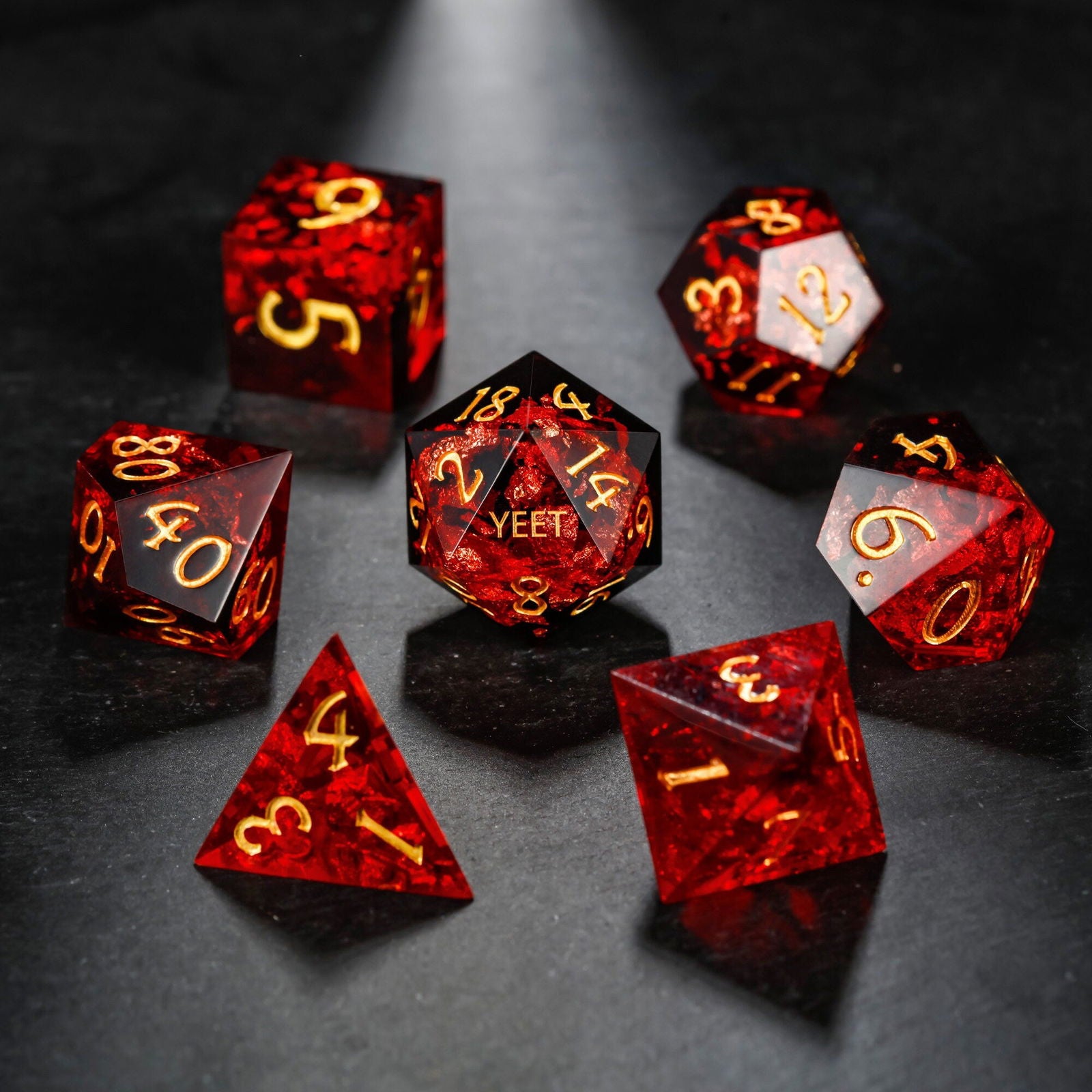 Black Red Resin YEET F*CK DnD D&D Dice Set - CrystalMaggie