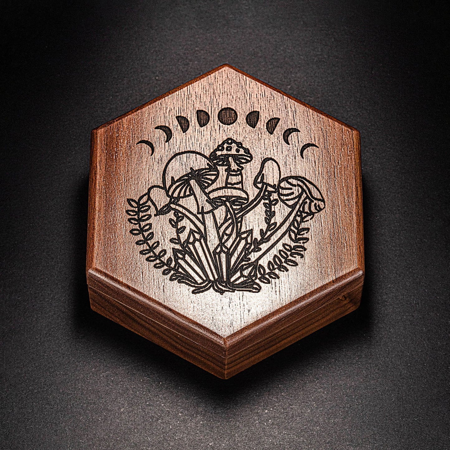 Black Walnut Wood Mushroom Motif DnD D&D Dice Box - CrystalMaggie