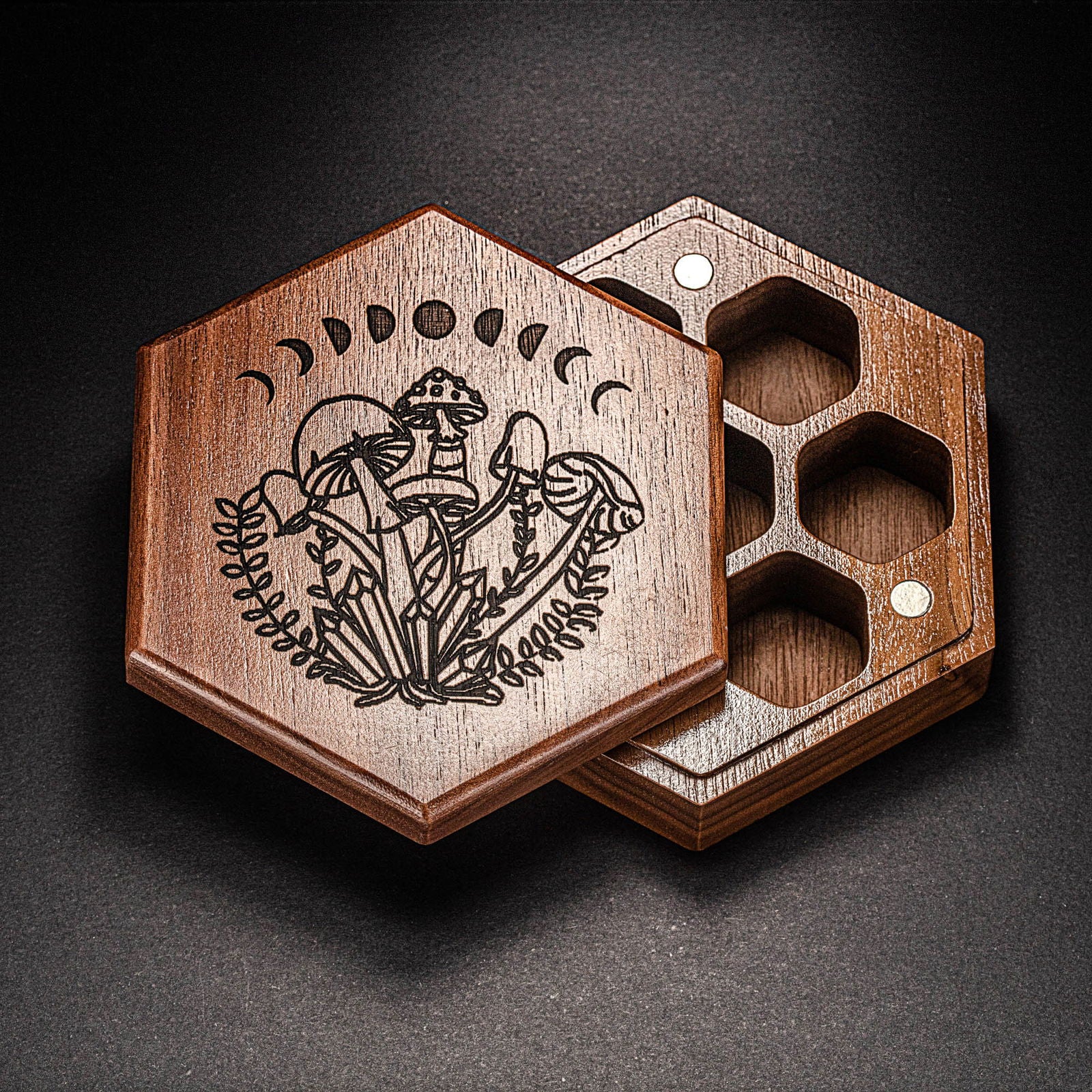 Black Walnut Wood Mushroom Motif DnD D&D Dice Box - CrystalMaggie