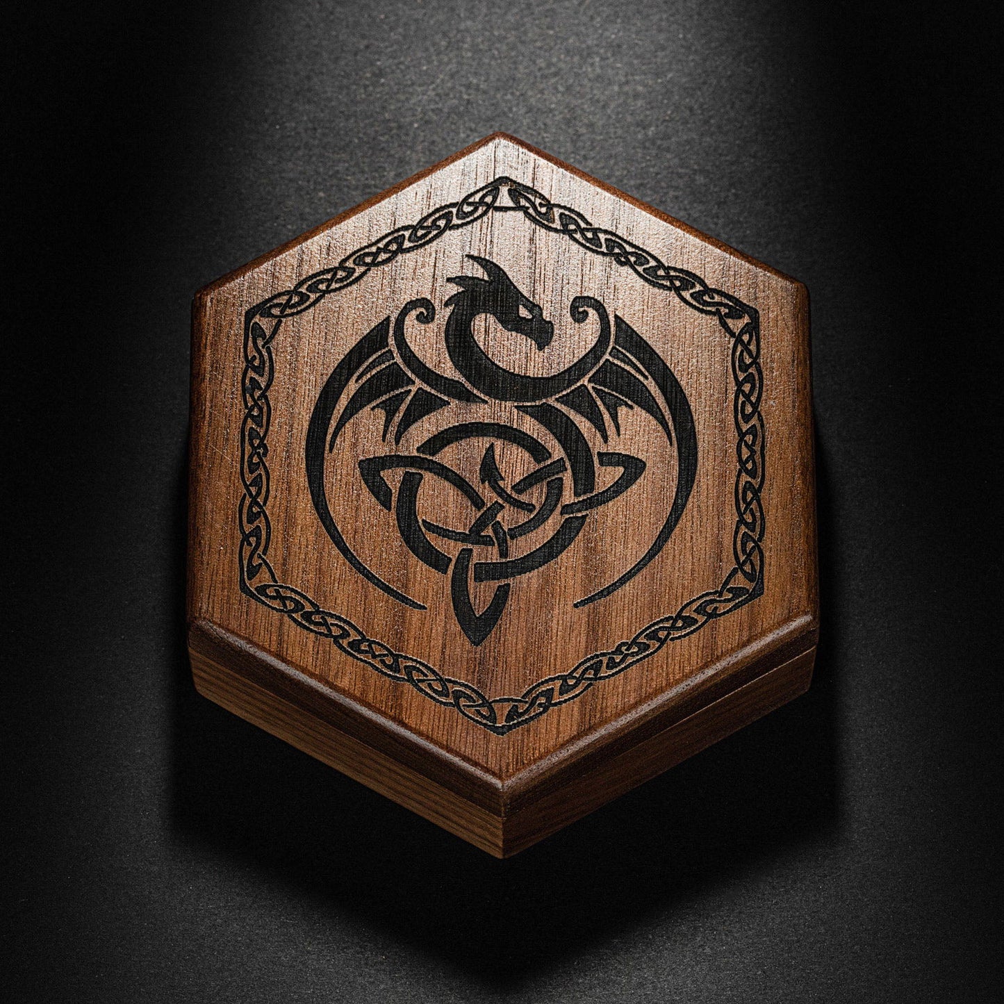 Black Walnut Wood Viking Dragon Motif DnD D&D Dice Box - CrystalMaggie