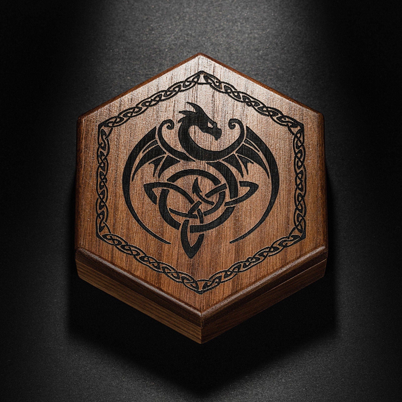 Black Walnut Wood Viking Dragon Motif DnD D&D Dice Box - CrystalMaggie