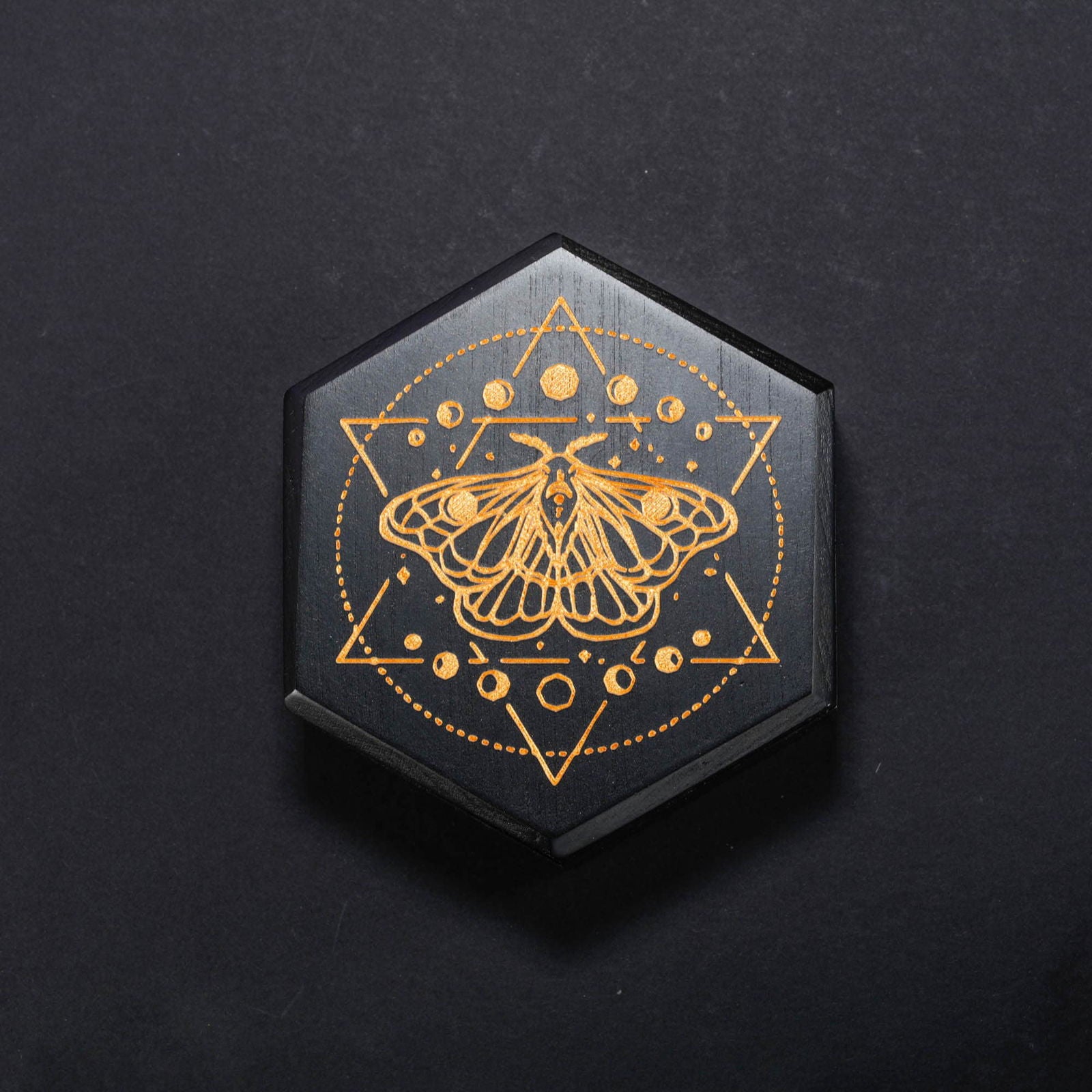 Black Wood Moth and Moon Phase Motif DnD D&D Dice Box