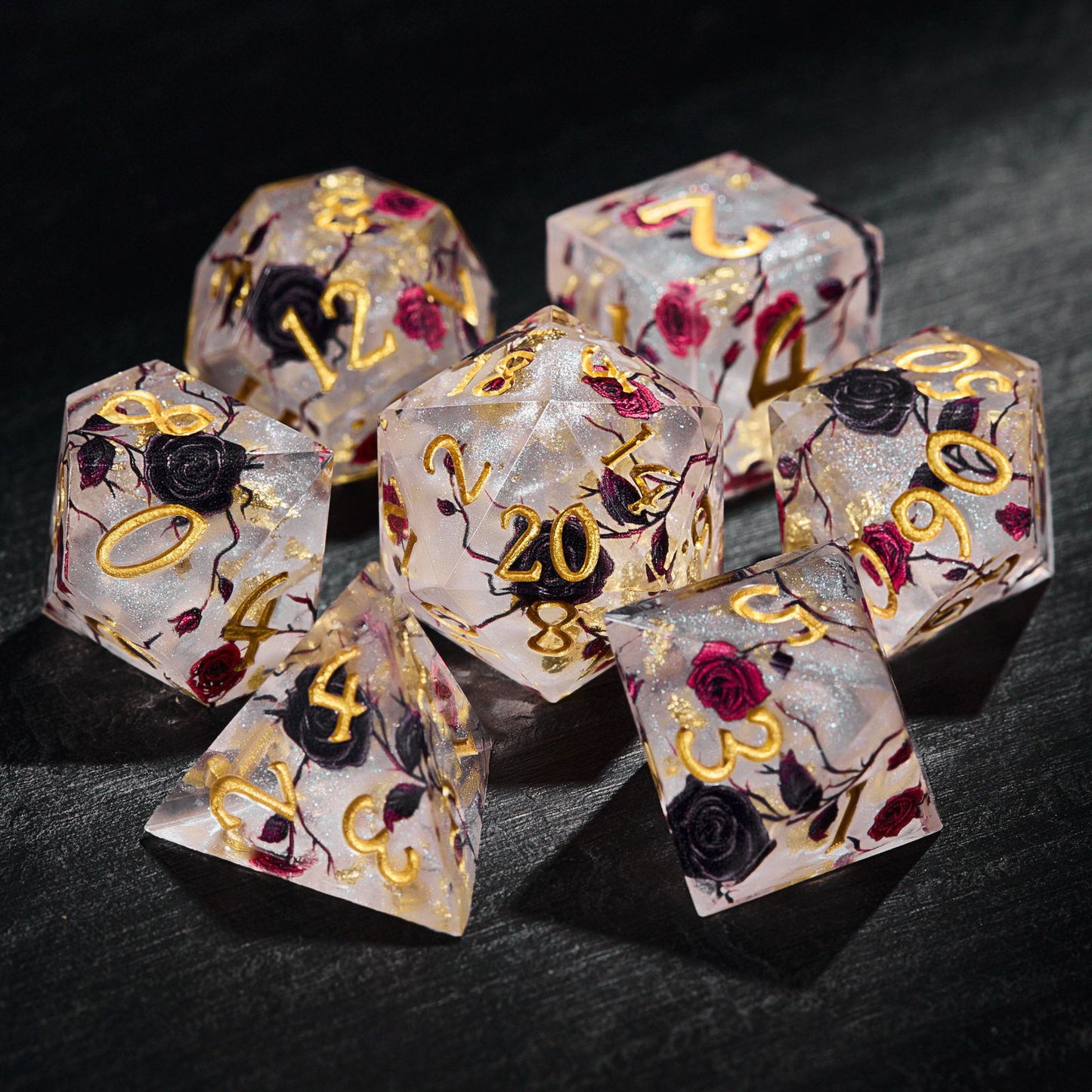 Black and Red Rose Resin DnD D&D Dice Set - CrystalMaggie