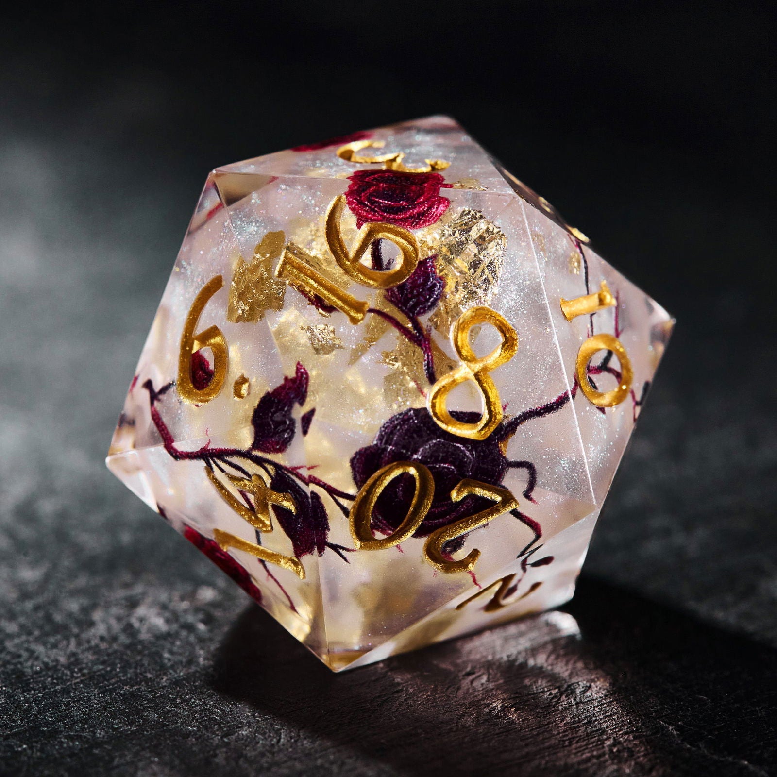 Black and Red Rose Resin DnD D&D Dice Set - CrystalMaggie