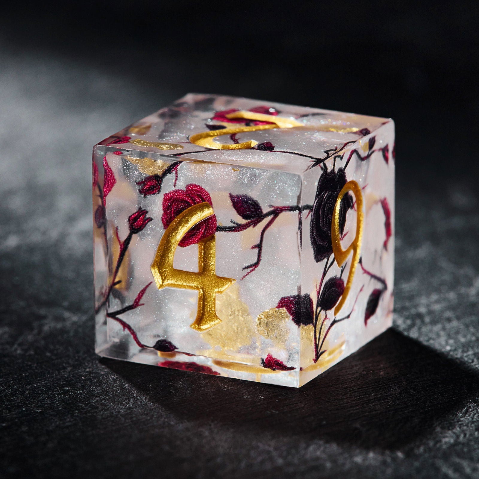 Black and Red Rose Resin DnD D&D Dice Set - CrystalMaggie