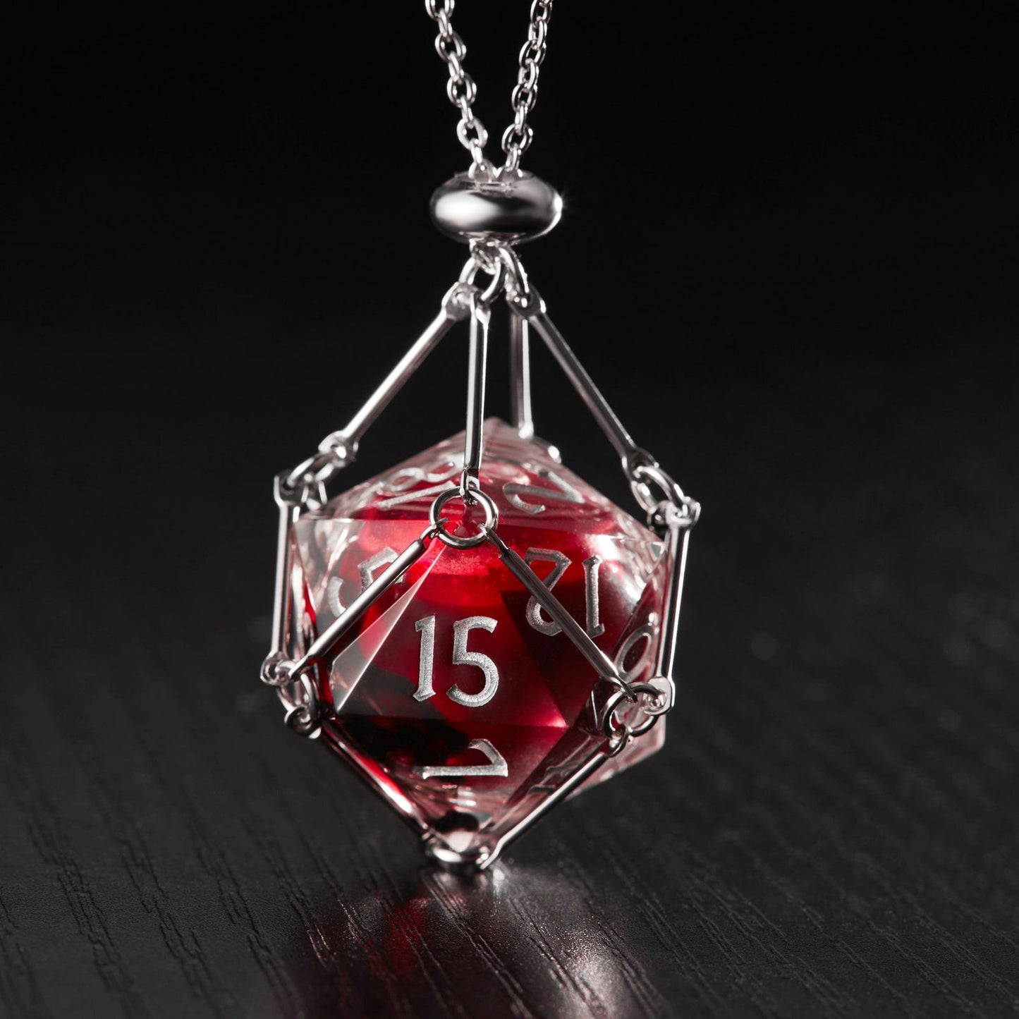 Blood Red Liquid Core Resin Dice Bat DnD D&D D20 Necklace - CrystalMaggie