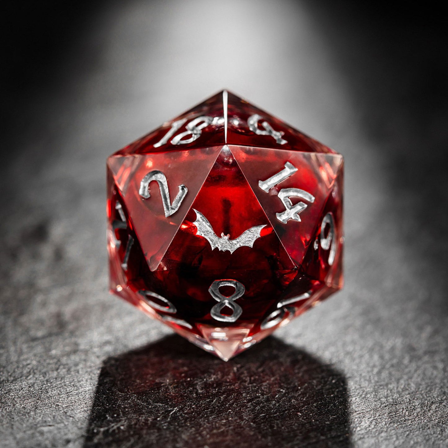 Blood Red Liquid Core Resin Dice Bat DnD D&D D20 Necklace - CrystalMaggie